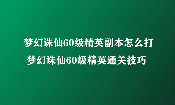 梦幻诛仙60级精英副本怎么打 梦幻诛仙60级精英通关技巧