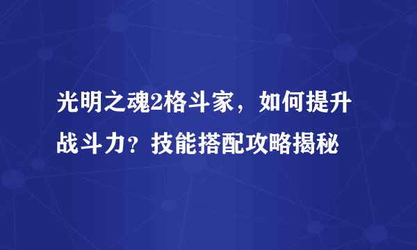 光明之魂2格斗家，如何提升战斗力？技能搭配攻略揭秘