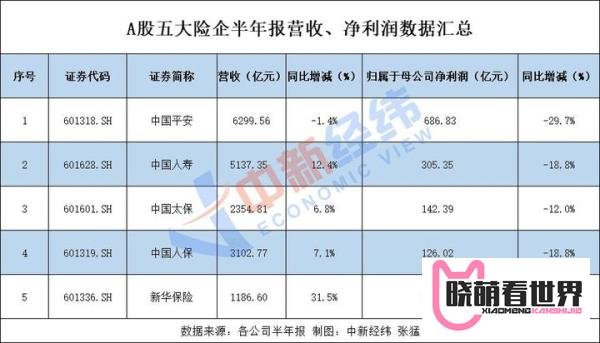 A股五大险企上半年日赚7.38亿 净利降超两成